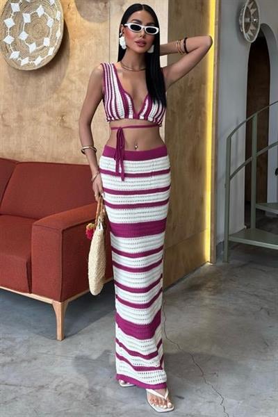 Çizgili Bikini Üst Ve Etek Triko Takım 10110