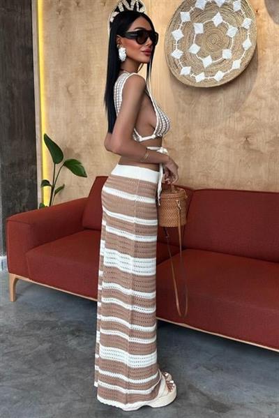 Çizgili Bikini Üst Ve Etek Triko Takım 10110