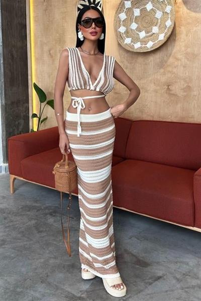 Çizgili Bikini Üst Ve Etek Triko Takım 10110