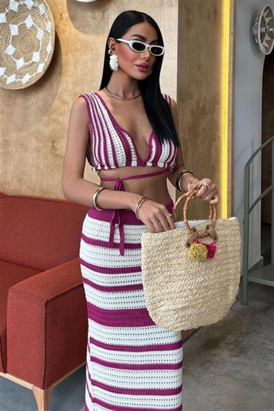 Çizgili Bikini Üst Ve Etek Triko Takım 10110