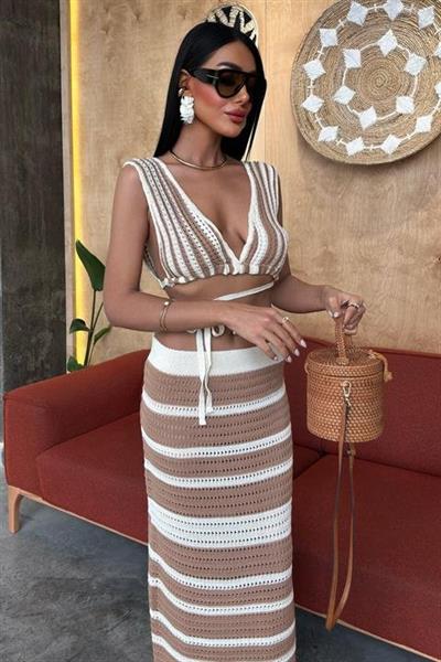 Çizgili Bikini Üst Ve Etek Triko Takım 10110
