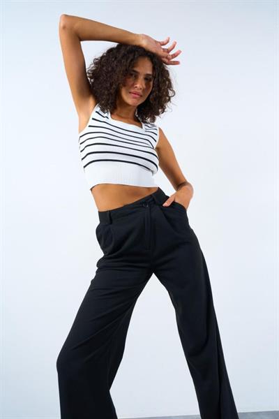 Çizgili Biyeli Triko Atlet - Beyaz-Siyah