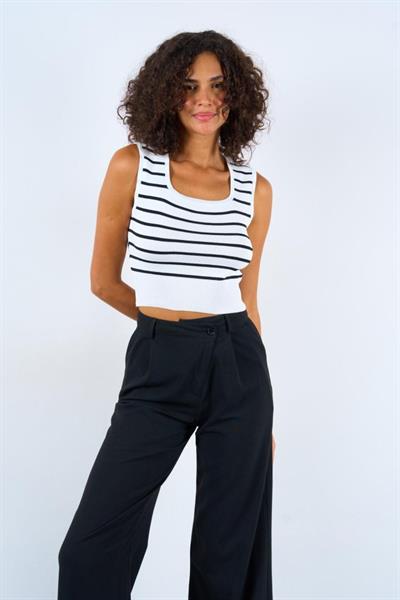 Çizgili Biyeli Triko Atlet - Beyaz-Siyah