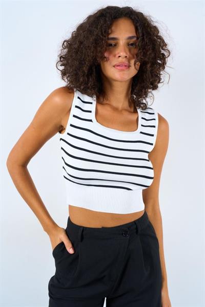 Çizgili Biyeli Triko Atlet - Beyaz-Siyah