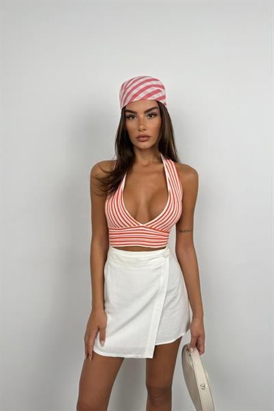 Çizgili Boyun Bağlamalı Crop