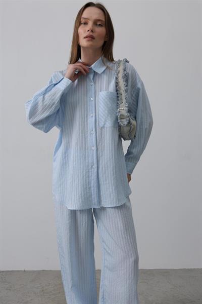 Çizgili Cep Detaylı Oversize Takım - Bebe Mavisi