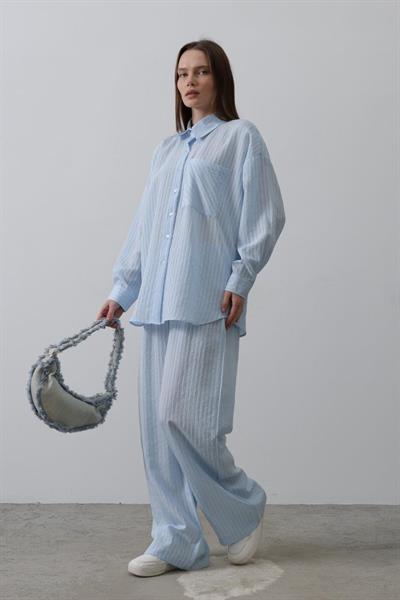 Çizgili Cep Detaylı Oversize Takım - Bebe Mavisi