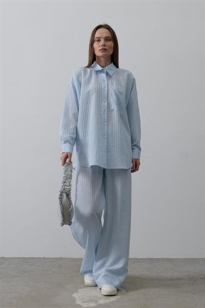 Çizgili Cep Detaylı Oversize Takım - Bebe Mavisi