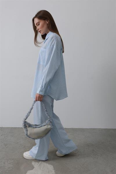 Çizgili Cep Detaylı Oversize Takım - Bebe Mavisi
