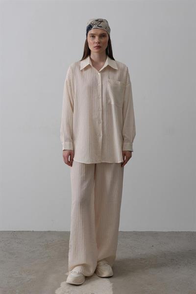 Çizgili Cep Detaylı Oversize Takım - Bej