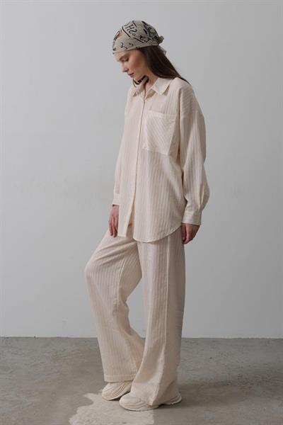 Çizgili Cep Detaylı Oversize Takım - Bej