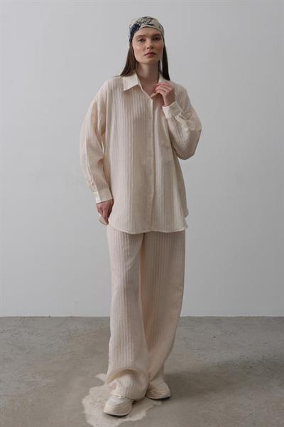 Çizgili Cep Detaylı Oversize Takım - Bej