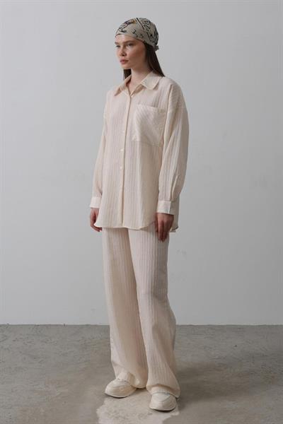 Çizgili Cep Detaylı Oversize Takım - Bej