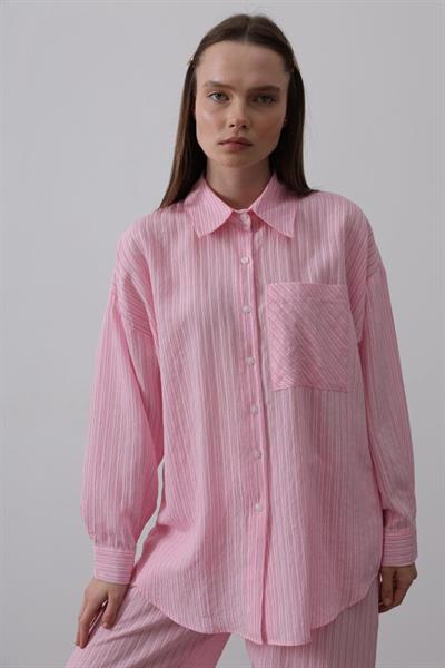 Çizgili Cep Detaylı Oversize Takım - Pembe