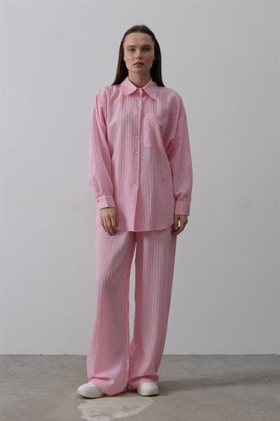 Çizgili Cep Detaylı Oversize Takım - Pembe
