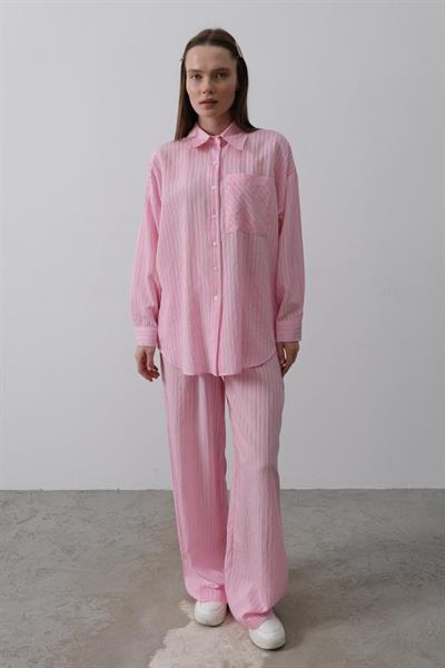 Çizgili Cep Detaylı Oversize Takım - Pembe