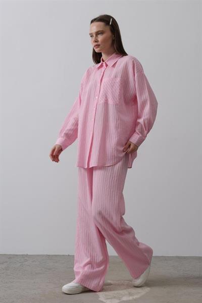 Çizgili Cep Detaylı Oversize Takım - Pembe
