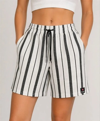 Çizgili Dokuma Yazlık Şort Yüksek Bel Lastikli Bel Bağcıklı Rahat Kalıp Günlük Şort - Ekru