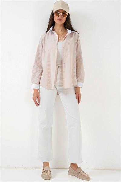 Çizgili Gömlek 20288 - Krem