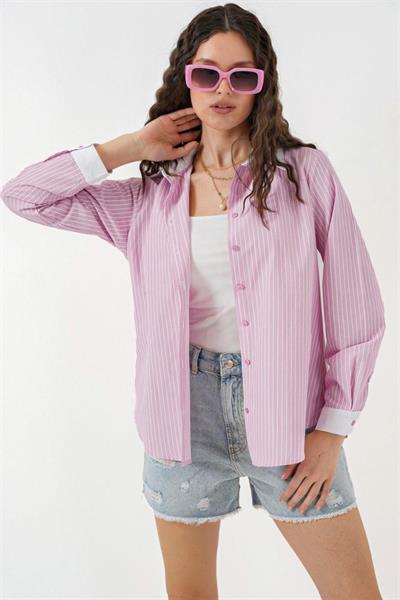 Çizgili Gömlek 20288 - Pembe