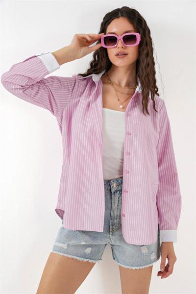 Çizgili Gömlek 20288 - Pembe