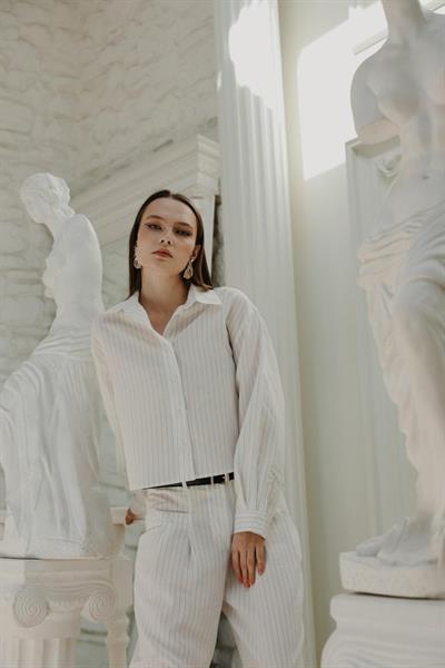 Çizgili Gömlek Pantolon Takım - Beyaz