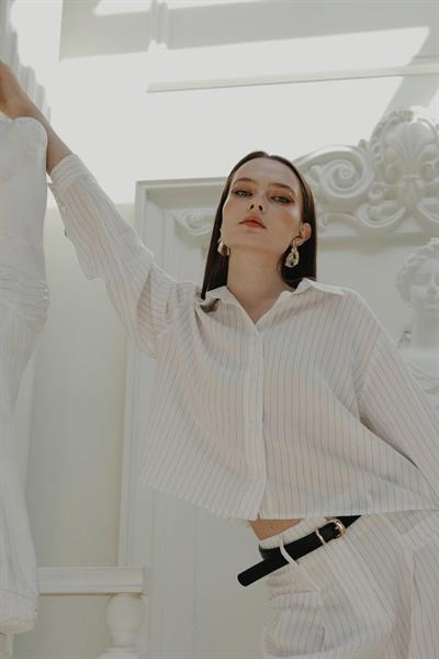 Çizgili Gömlek Pantolon Takım - Beyaz