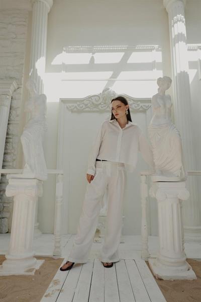 Çizgili Gömlek Pantolon Takım - Beyaz