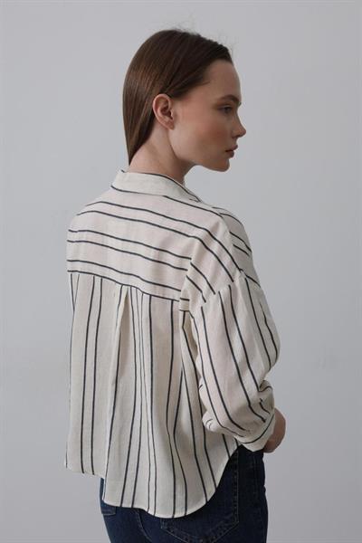 Çizgili Kısa Gömlek - Bej-Lacivert