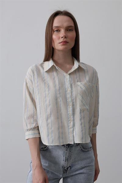 Çizgili Kısa Gömlek - Bej Mavi