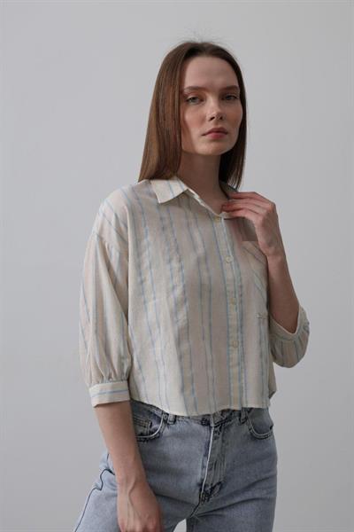 Çizgili Kısa Gömlek - Bej Mavi
