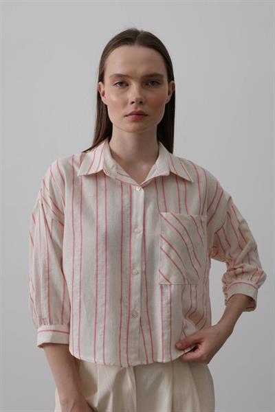 Çizgili Kısa Gömlek - Bej Pembe