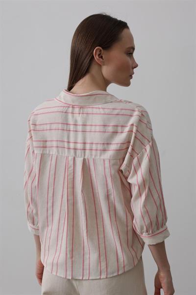 Çizgili Kısa Gömlek - Bej Pembe