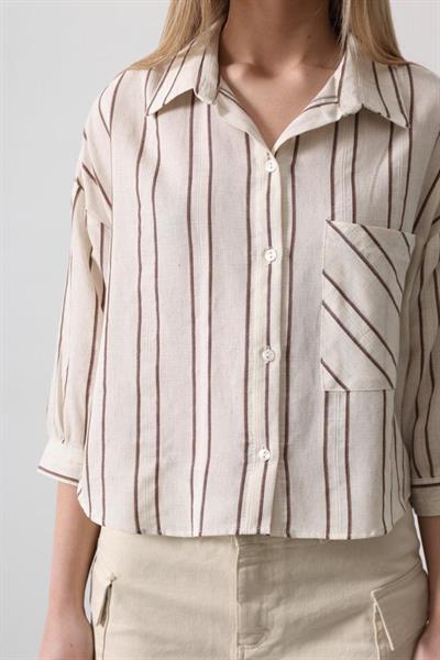 Çizgili Kısa Gömlek - Ekru-Kahve