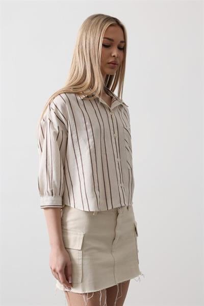 Çizgili Kısa Gömlek - Ekru-Kahve