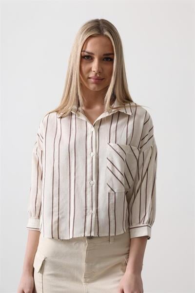 Çizgili Kısa Gömlek - Ekru-Kahve