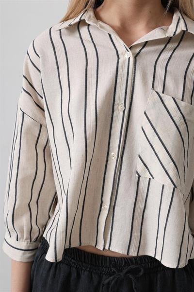 Çizgili Kısa Gömlek - Ekru-Lacivert