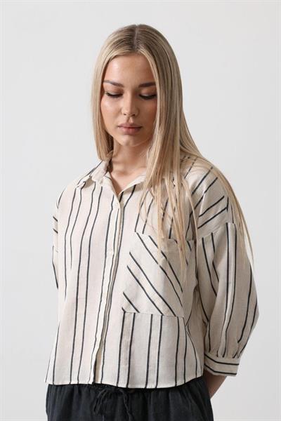 Çizgili Kısa Gömlek - Ekru-Lacivert