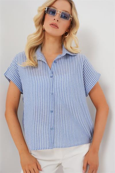 Çizgili Kısa Kol Gömlek 20324 - İndigo
