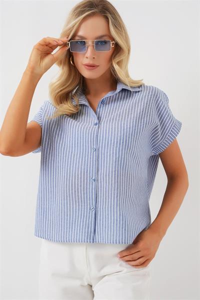 Çizgili Kısa Kol Gömlek 20324 - İndigo