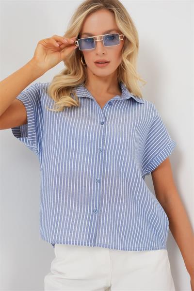 Çizgili Kısa Kol Gömlek 20324 - İndigo