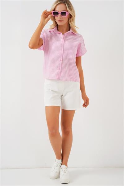 Çizgili Kısa Kol Gömlek 20324 - Pembe
