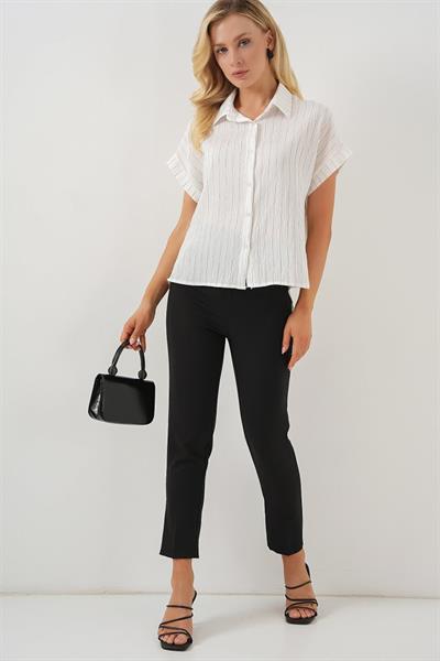 Çizgili Kısa Kol Gömlek 20327 - Beyaz