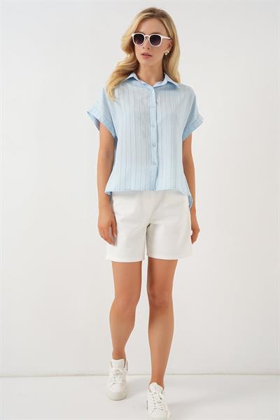 Çizgili Kısa Kol Gömlek 20327 - Mavi