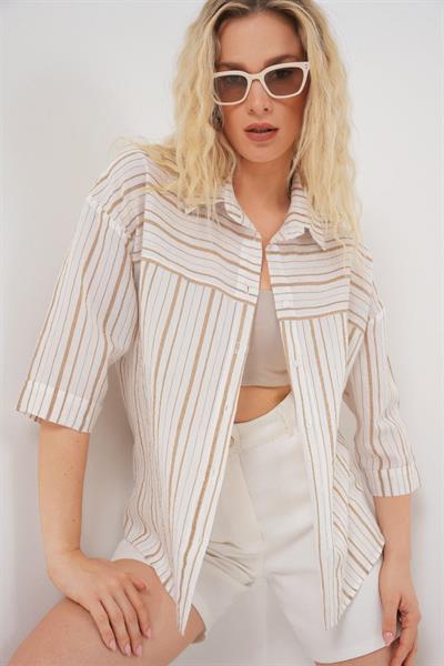 Çizgili Kısa Kol Gömlek 20344 - Krem