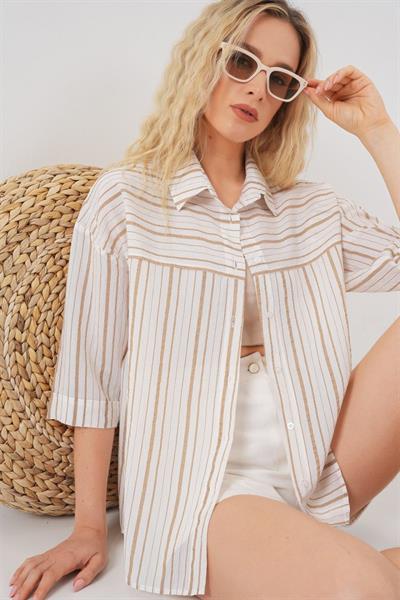 Çizgili Kısa Kol Gömlek 20344 - Krem