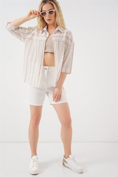 Çizgili Kısa Kol Gömlek 20344 - Krem