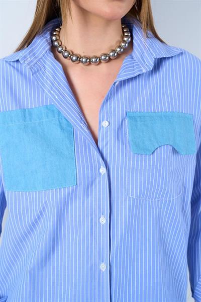 Çizgili Kol Cepli Gömlek - Mavi-Beyaz