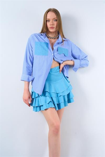 Çizgili Kol Cepli Gömlek - Mavi-Beyaz