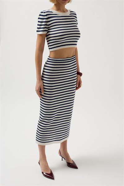 Çizgili Midi Dokulu Etek